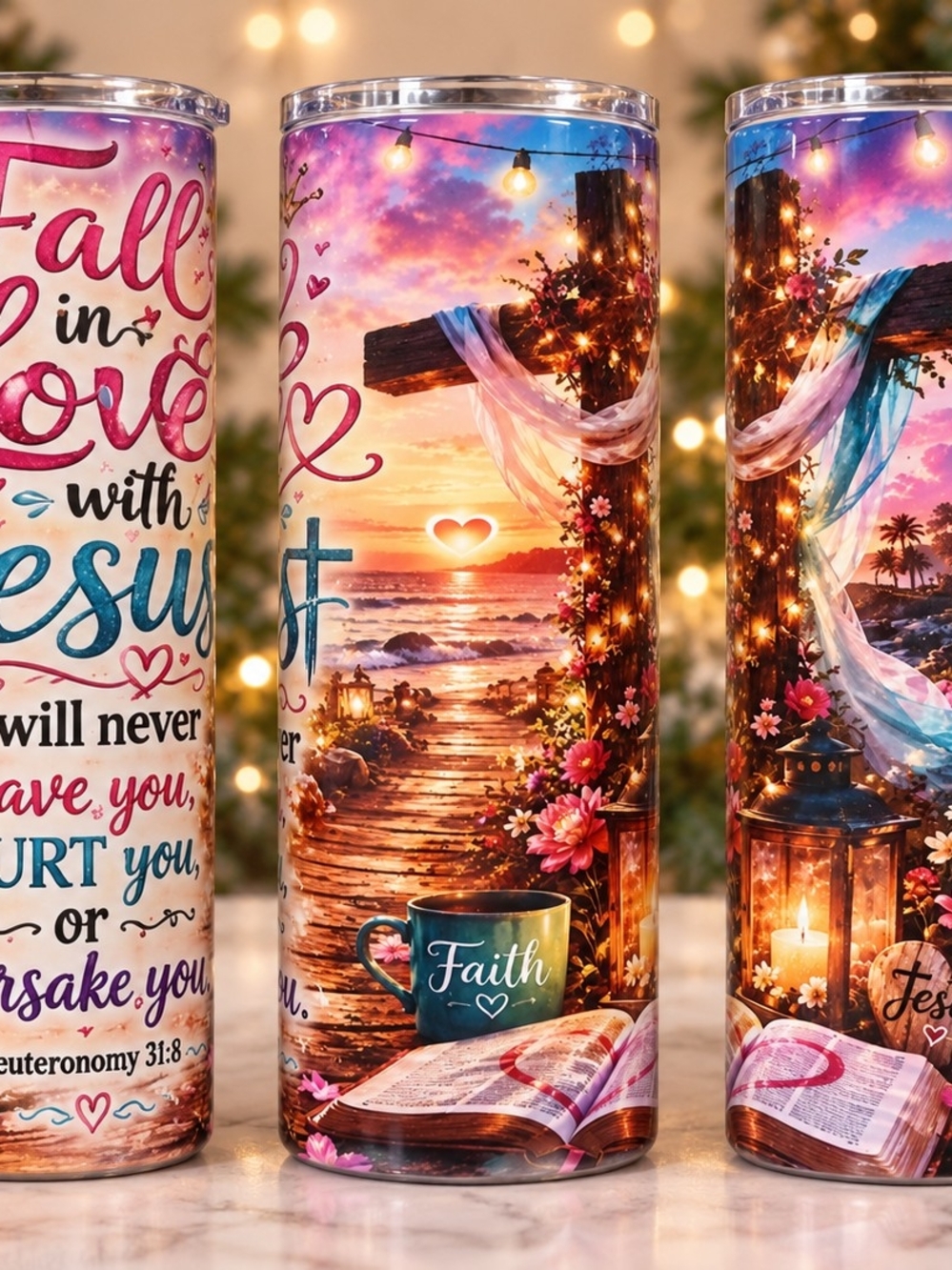 Faith Beach Sunset Tumbler - Pink, Blue, Gold